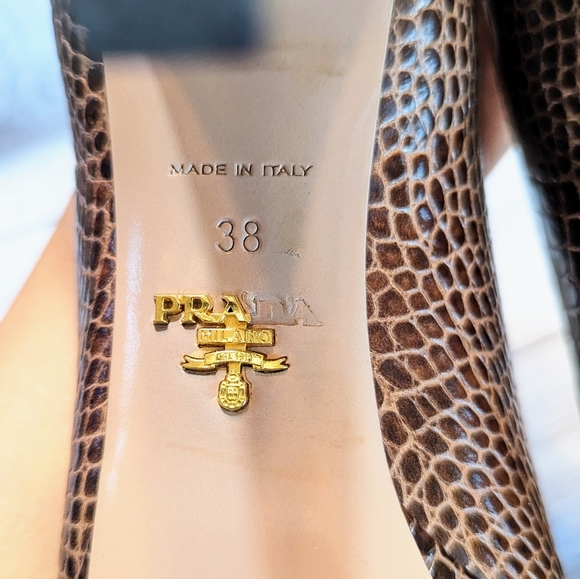 PRADA PLATFORM HEELS Size 8 or 38 Brown Leather Snakeskin Peep Toe Pumps - Picture 5 of 16